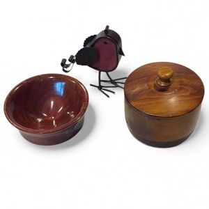 Set/3 Collectibles Wooden Bowl and Lidded Cedar Container  with Bird Figurine